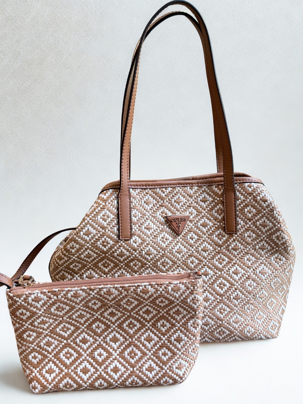 GUESS Brown & White Woven Tote with Matching Pouch